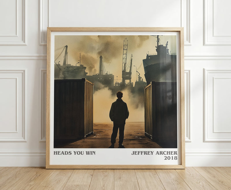 Heads You Win literary print in frame leaning in hallway – thriller wall art