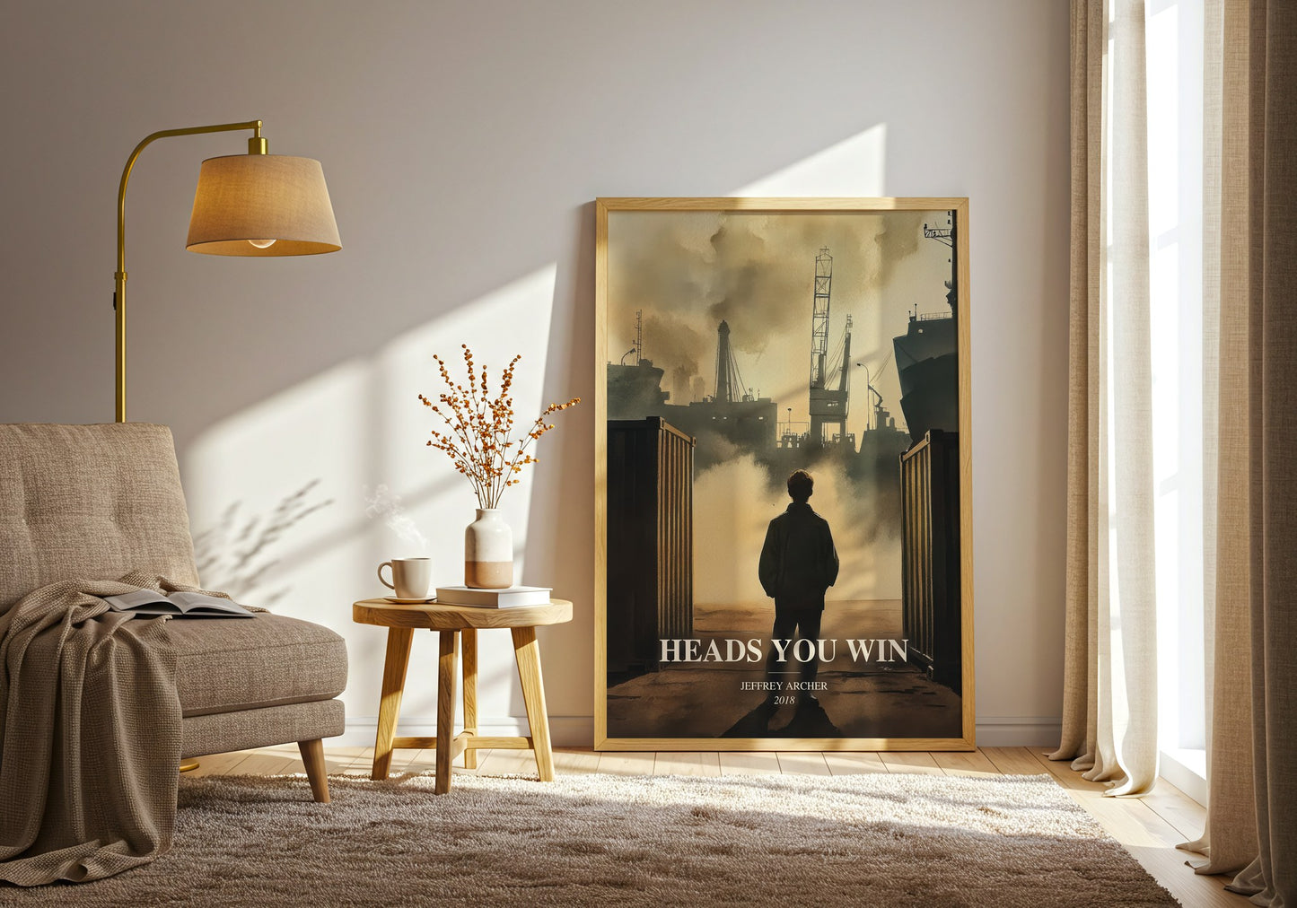 Heads You Win watercolour print in frame leaning in hallway – thriller wall art