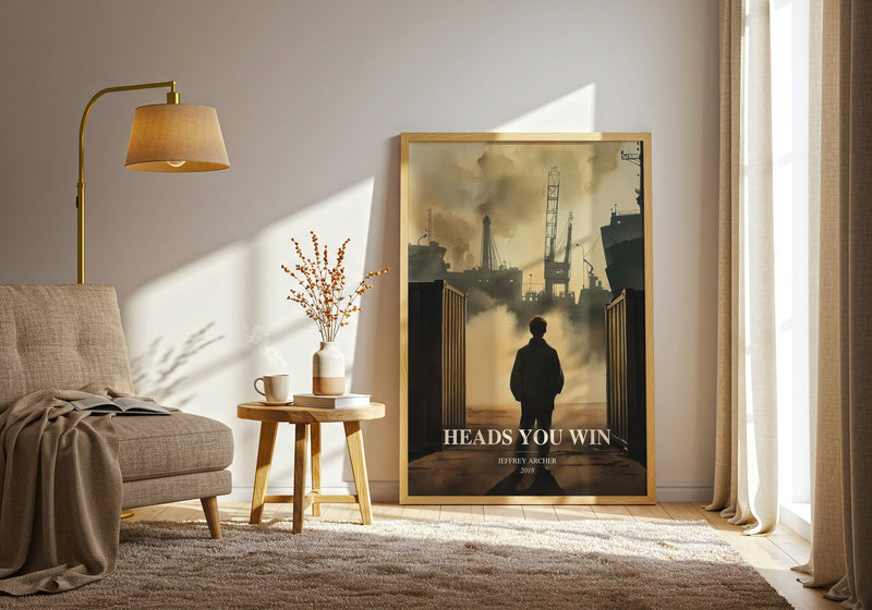 Heads You Win watercolour print in frame leaning in hallway – thriller wall art