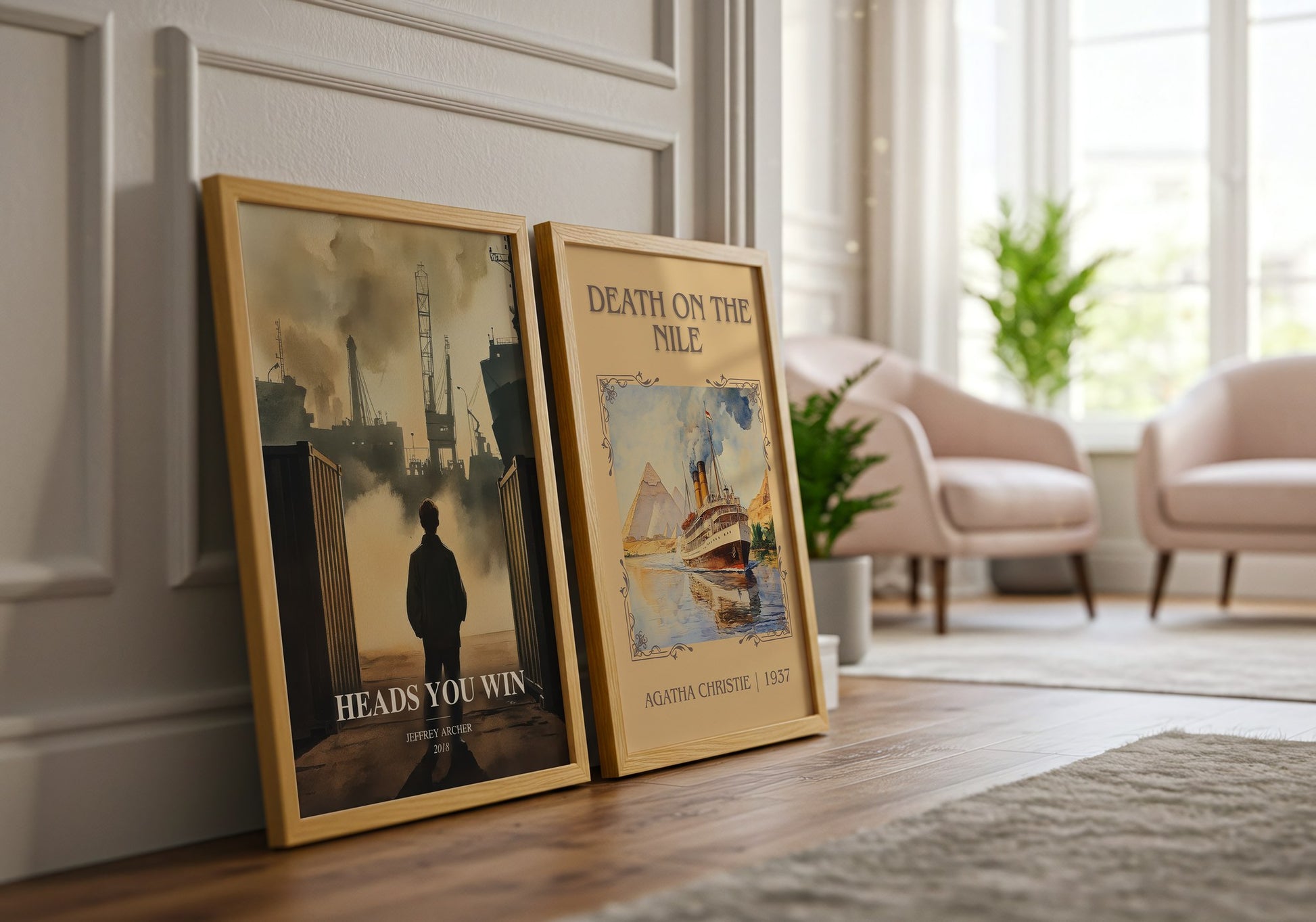 Heads You Win watercolour print framed by window – literary home decor