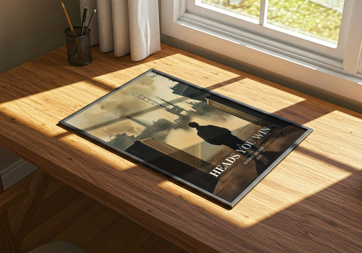 Heads You Win watercolour book poster framed on wall – thriller wall art