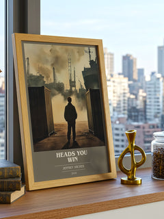 Heads You Win Book Cover Poster by Jeffrey Archer – framed print on a city-view windowsill