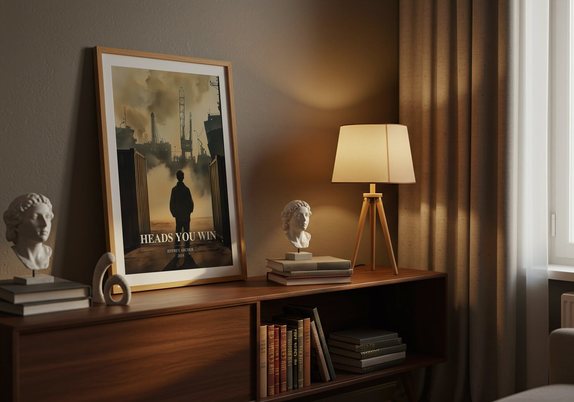Heads You Win watercolour print on bookshelf – Jeffrey Archer fan gift