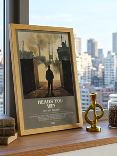 Heads You Win Bookish Wall Art by Jeffrey Archer – framed print on a city-view windowsill
