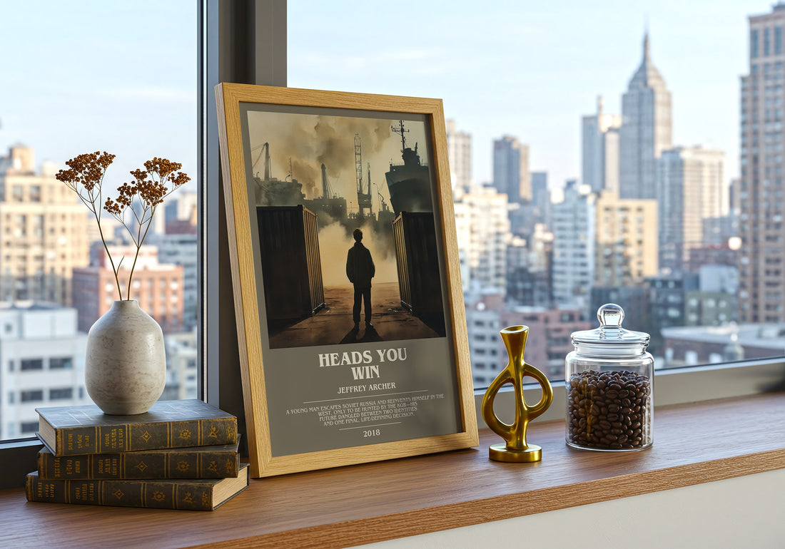 Heads You Win Bookish Wall Art by Jeffrey Archer – framed print on a city-view windowsill