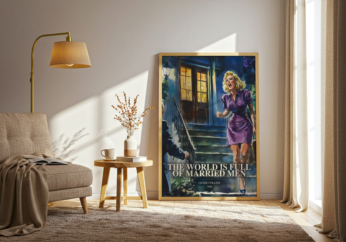 The World Is Full Of Married Men watercolour print in frame leaning in hallway – contemporary fiction wall art (mockup)