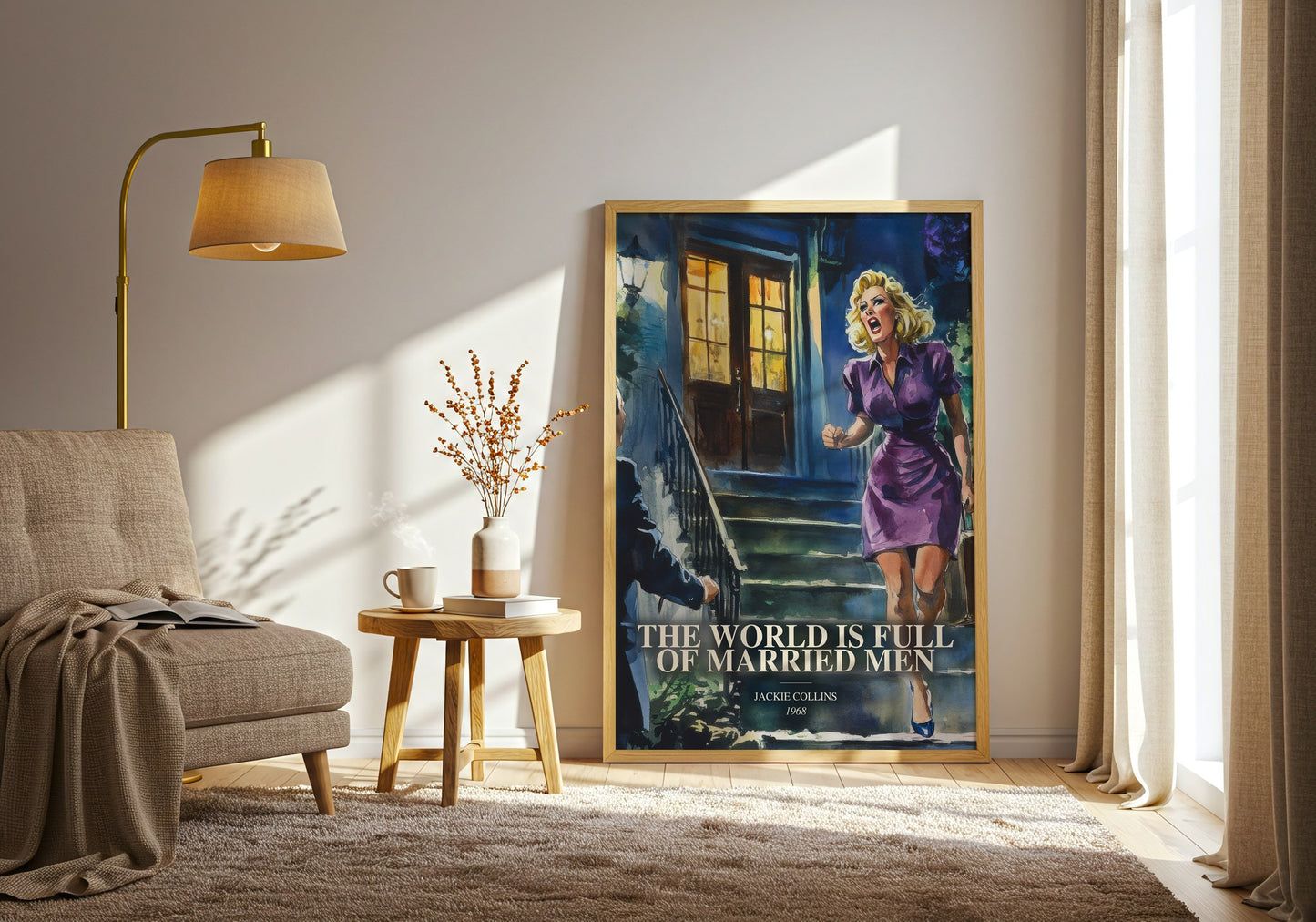 The World Is Full Of Married Men watercolour print in frame leaning in hallway – contemporary fiction wall art