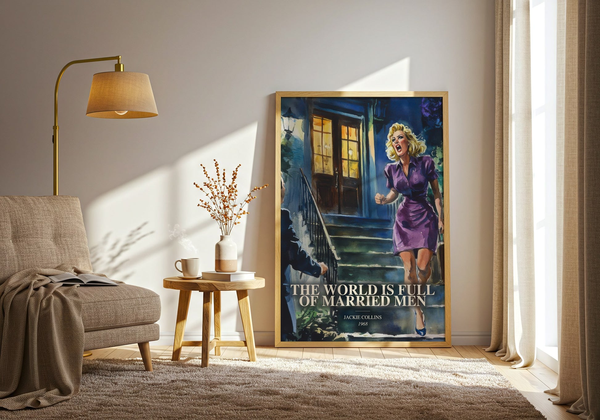 The World Is Full Of Married Men watercolour print in frame leaning in hallway – contemporary fiction wall art