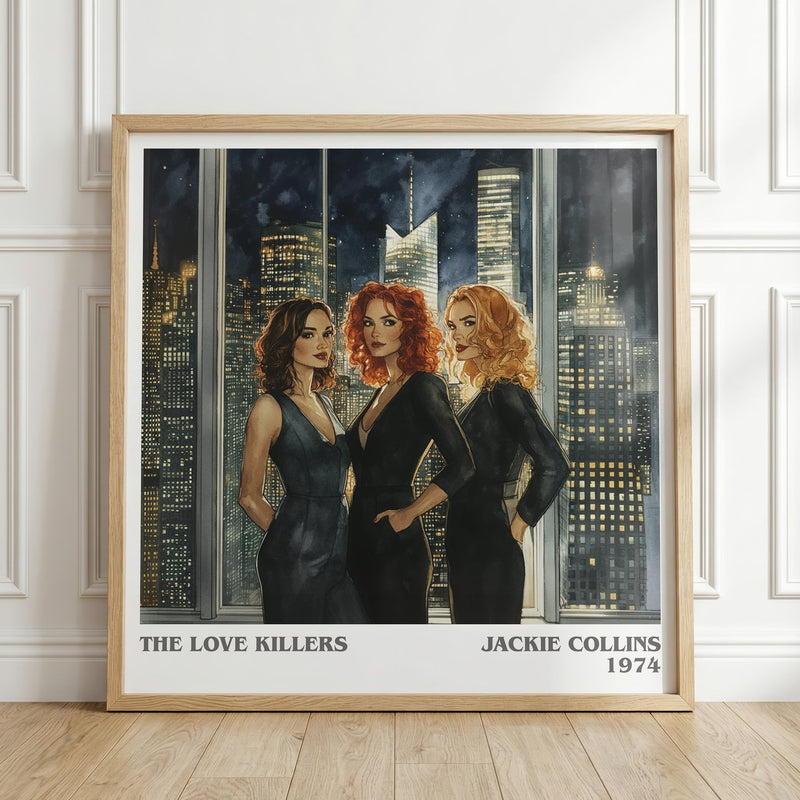 The Love Killers literary print in frame leaning in hallway – thriller wall art