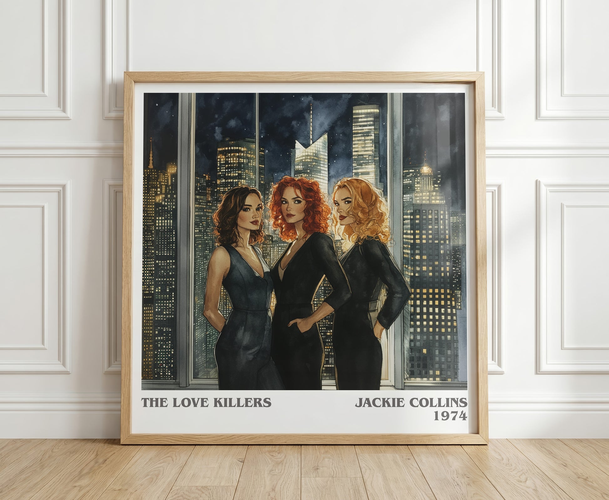 The Love Killers literary print in frame leaning in hallway – thriller wall art