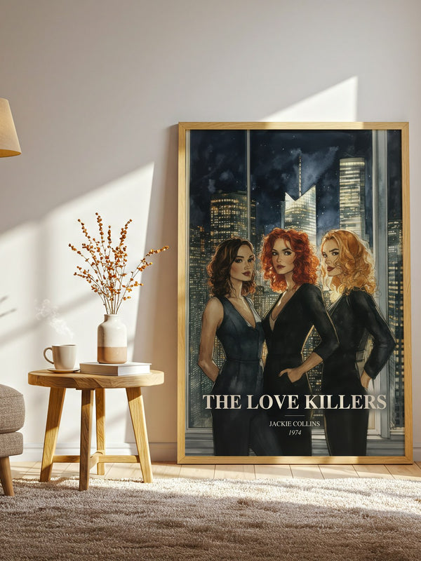The Love Killers watercolour print in frame leaning in hallway – thriller wall art