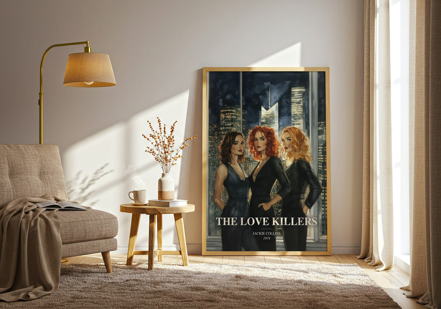 The Love Killers watercolour print in frame leaning in hallway – thriller wall art