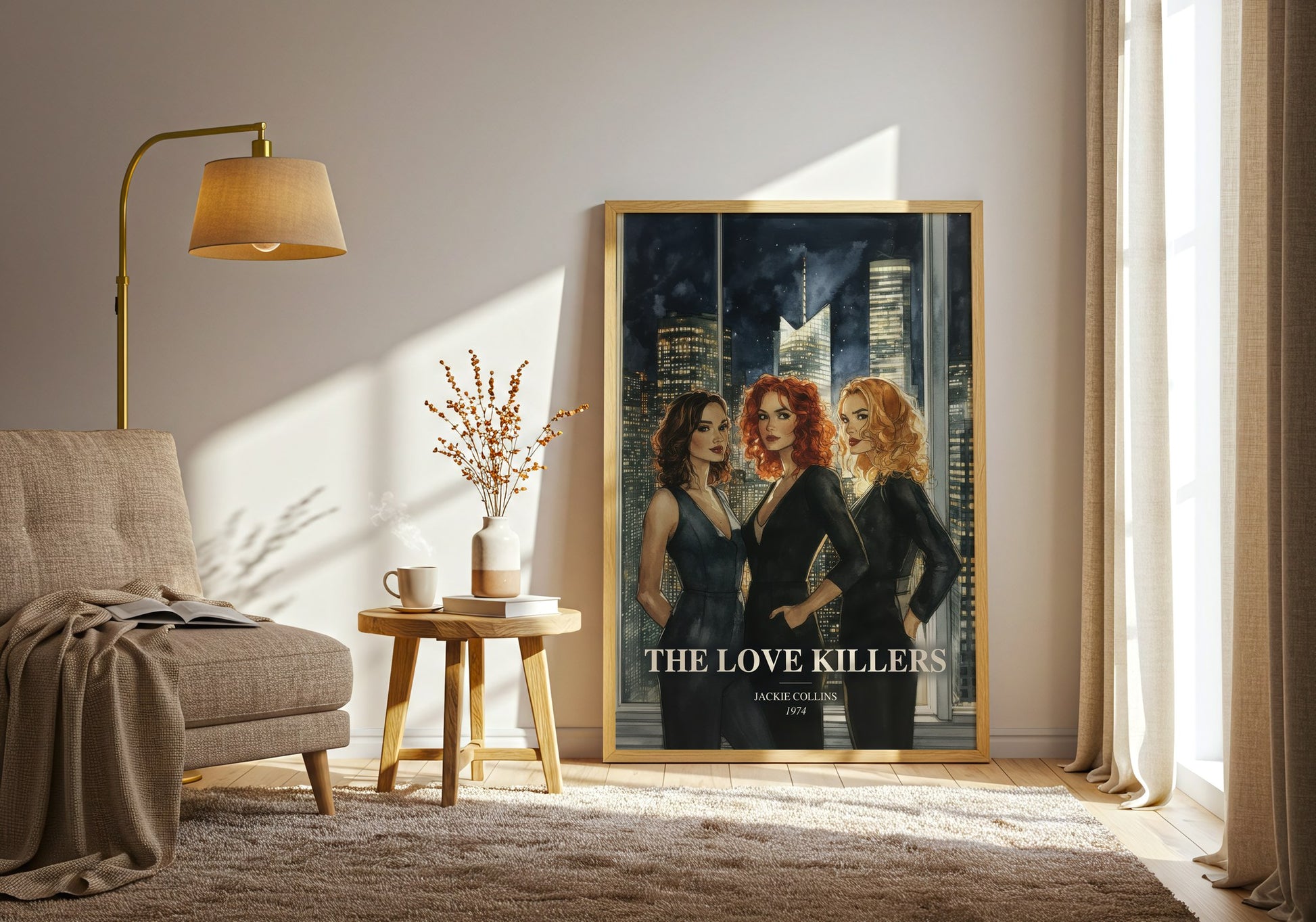 The Love Killers watercolour print in frame leaning in hallway – thriller wall art