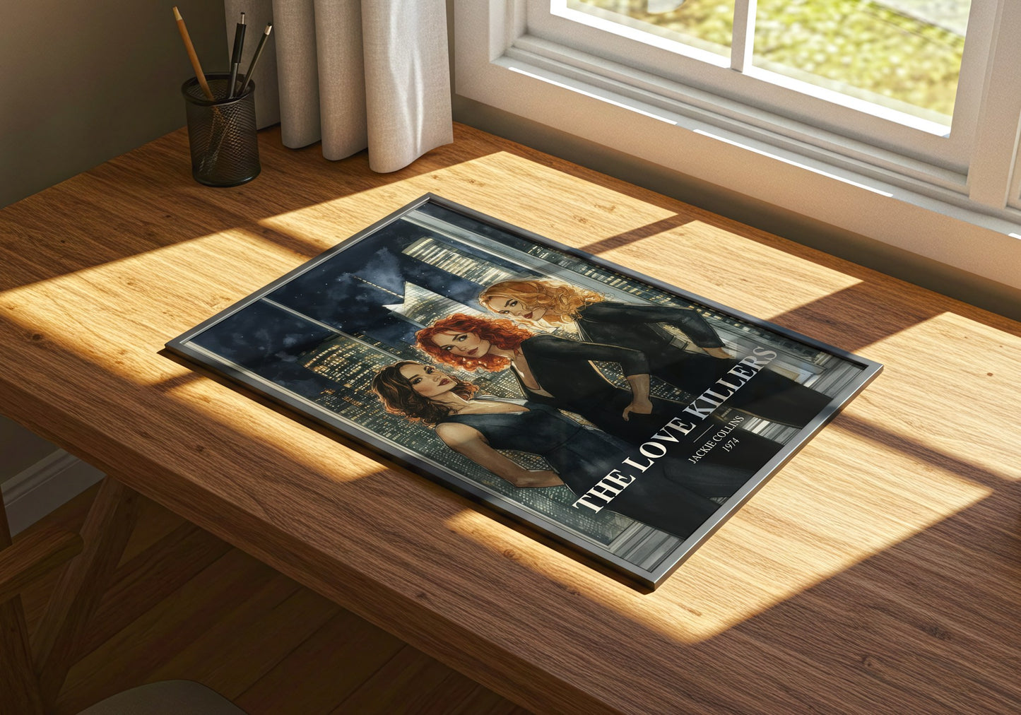 The Love Killers watercolour book poster framed on wall – thriller wall art