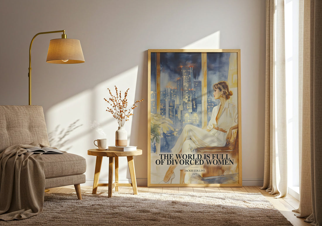 The World Is Full Of Divorced Women watercolour print in frame leaning in hallway – contemporary fiction wall art (mockup)