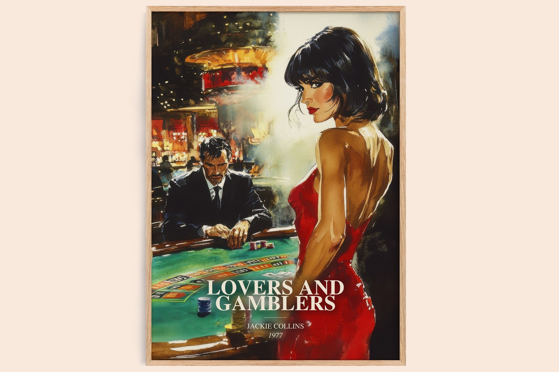 Lovers And Gamblers watercolour book poster by Jackie Collins – framed literary art print