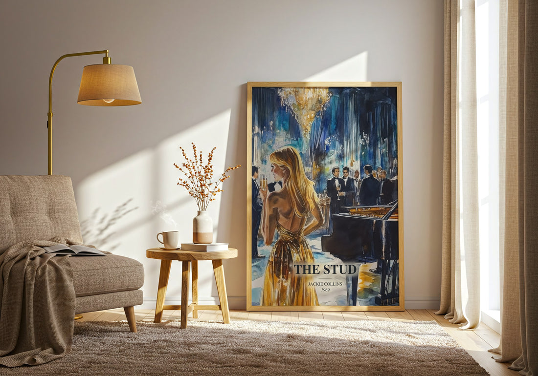 The Stud watercolour print in frame leaning in hallway – romance wall art (mockup)