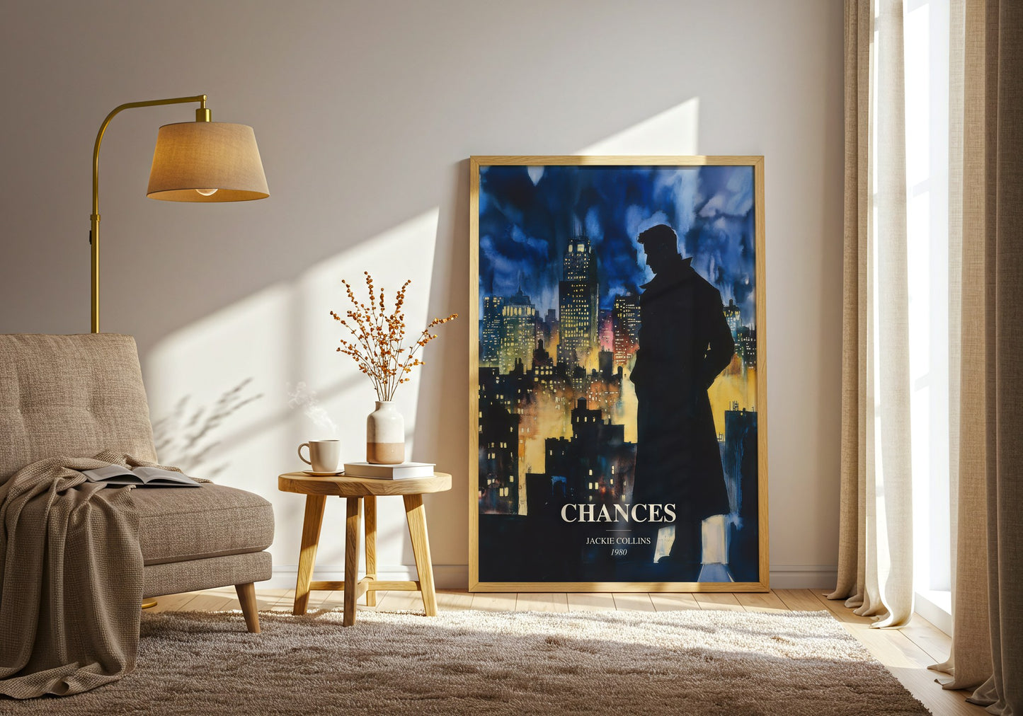 Chances watercolour print in frame leaning in hallway – contemporary fiction wall art
