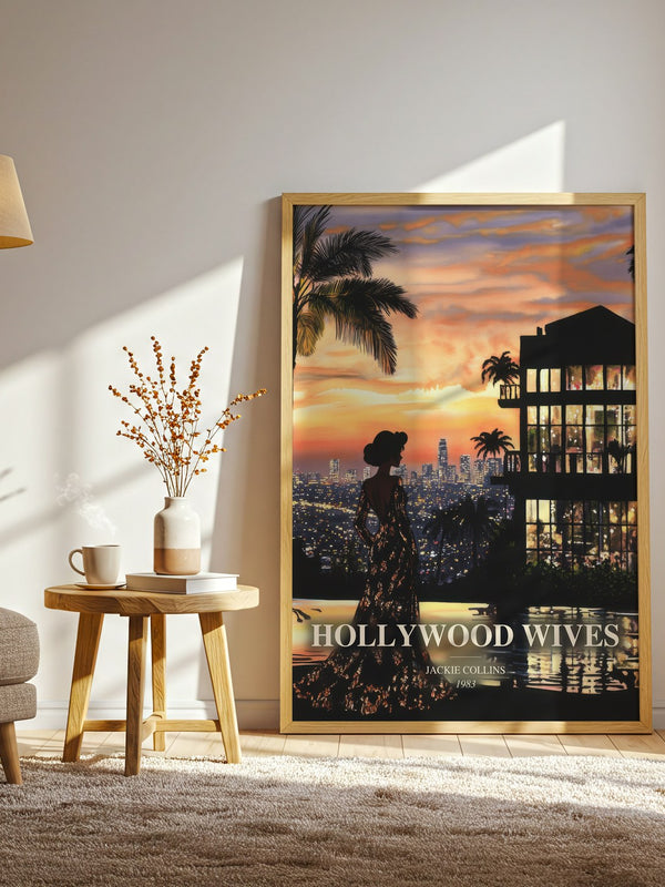Hollywood Wives watercolour print in frame leaning in hallway – contemporary fiction wall art