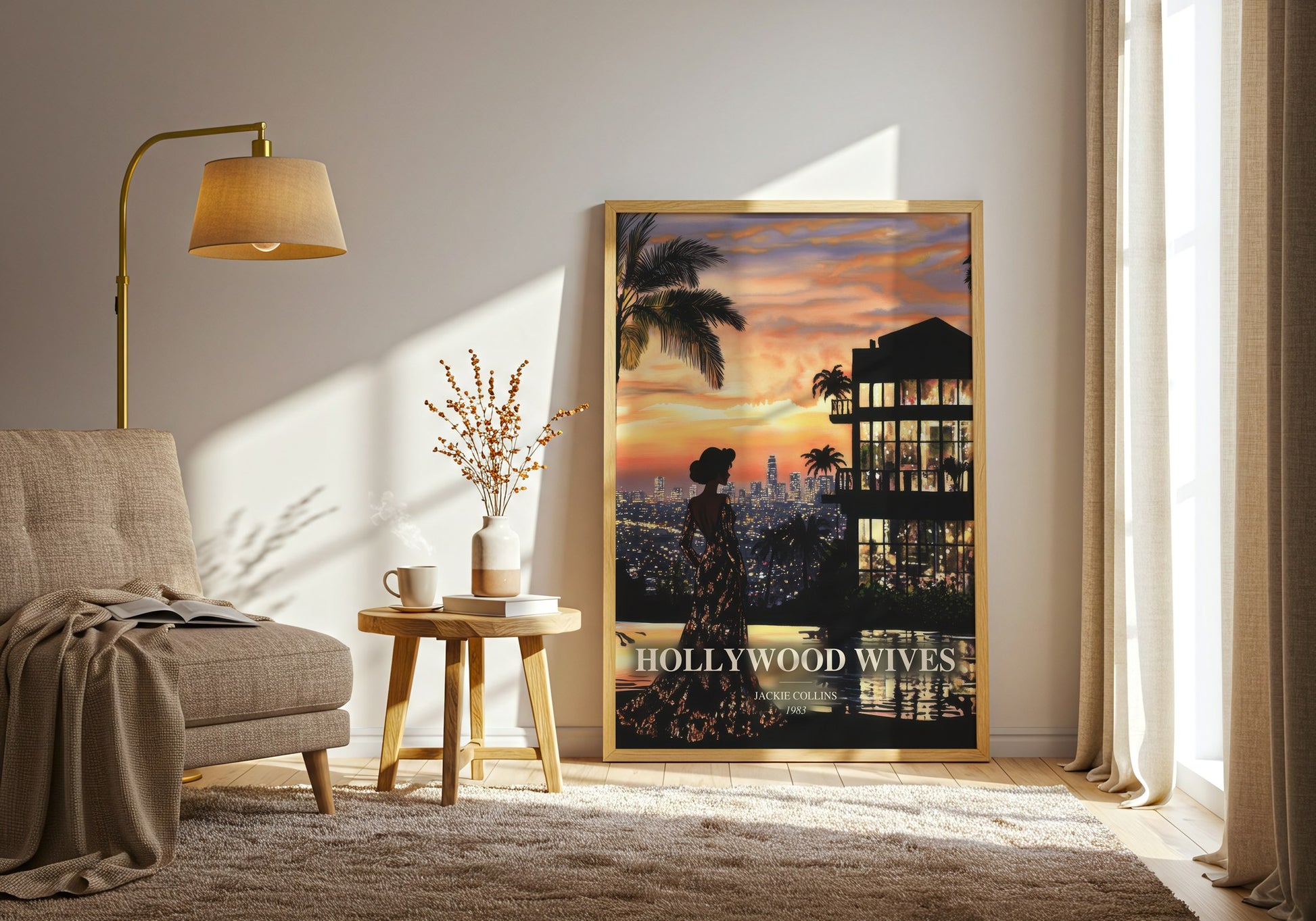 Hollywood Wives watercolour print in frame leaning in hallway – contemporary fiction wall art