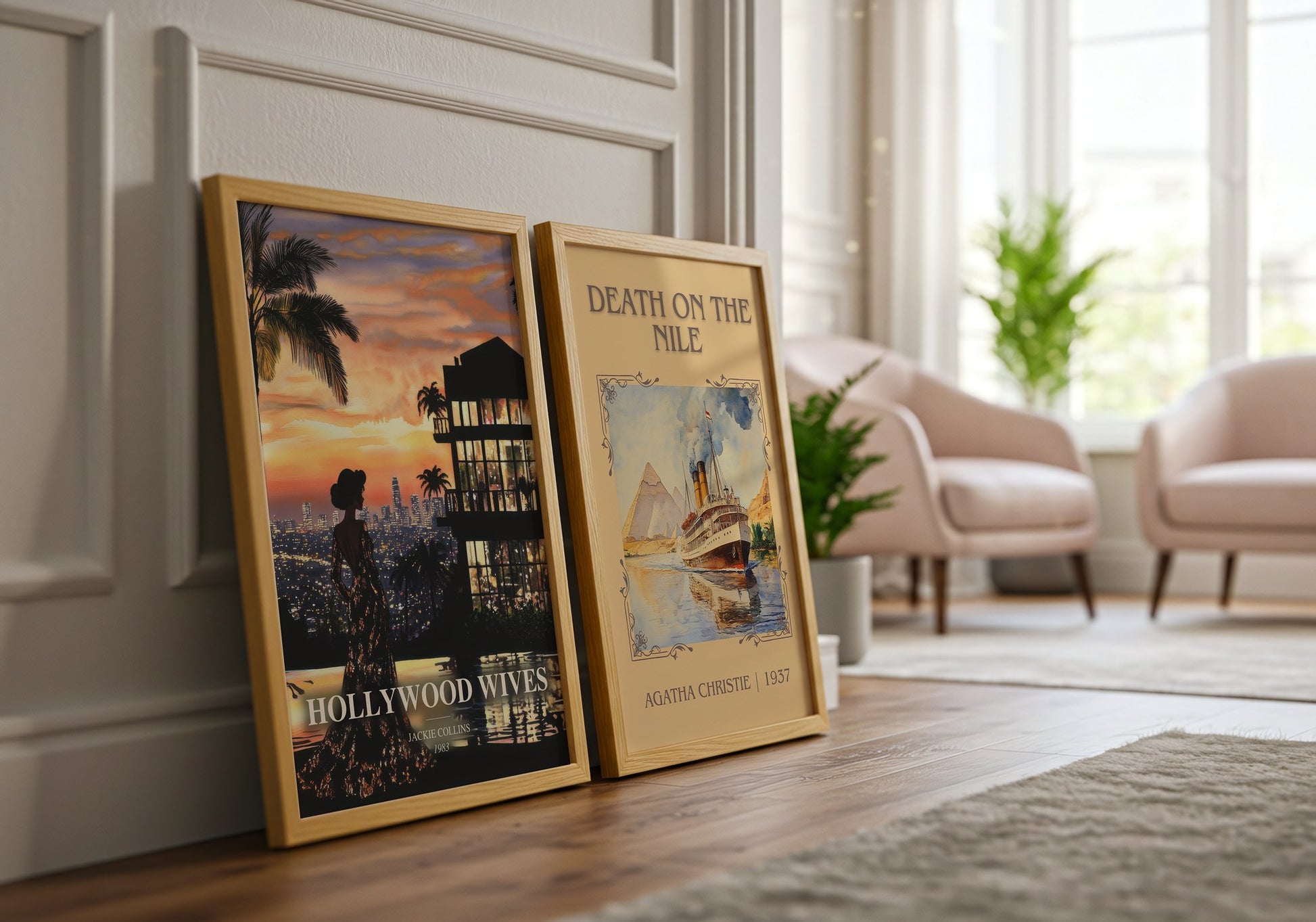 Hollywood Wives watercolour print framed by window – literary home decor