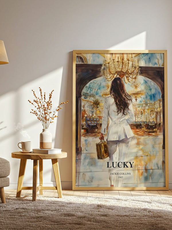 Lucky watercolour print in frame leaning in hallway – contemporary fiction wall art