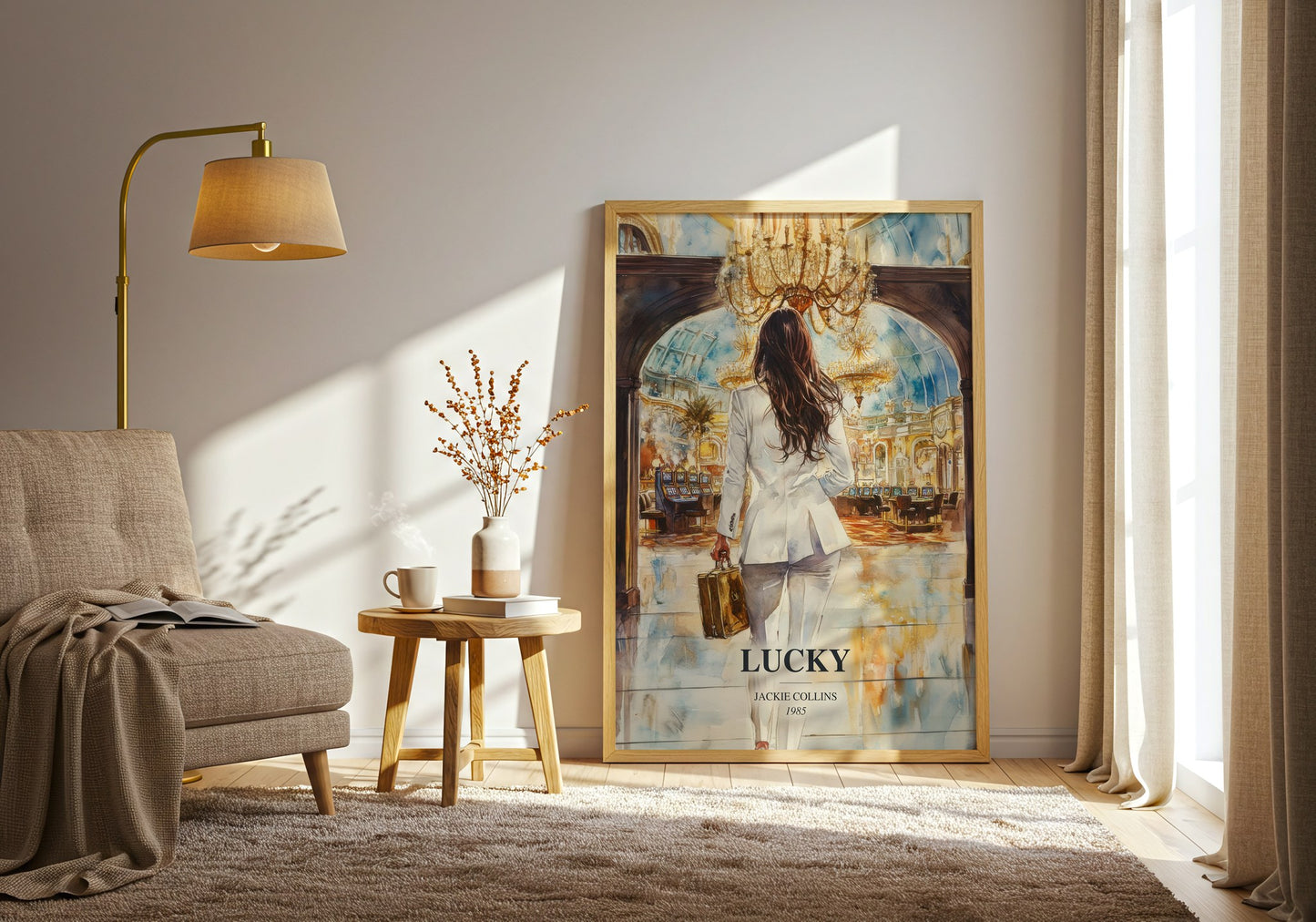 Lucky watercolour print in frame leaning in hallway – contemporary fiction wall art