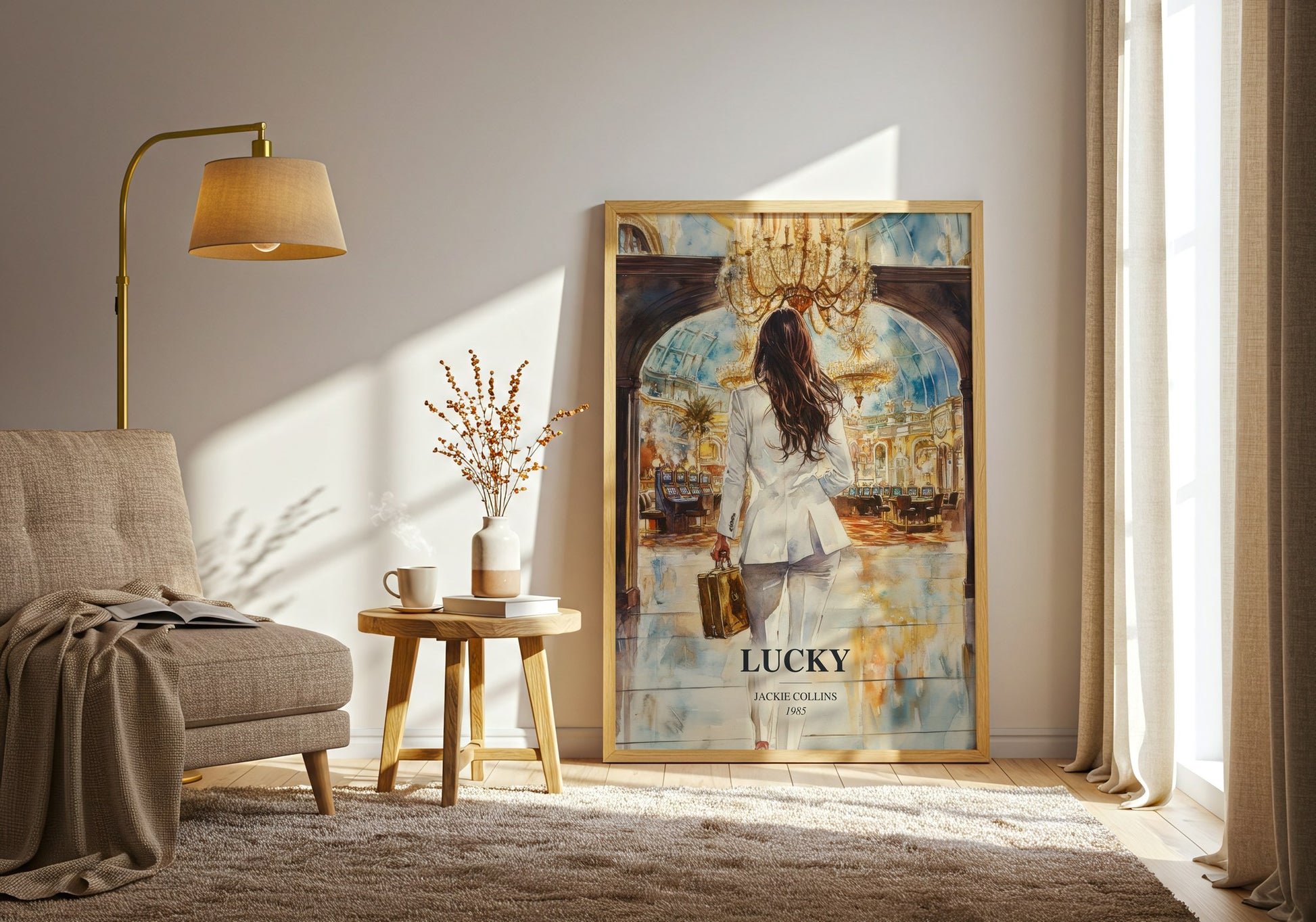 Lucky watercolour print in frame leaning in hallway – contemporary fiction wall art