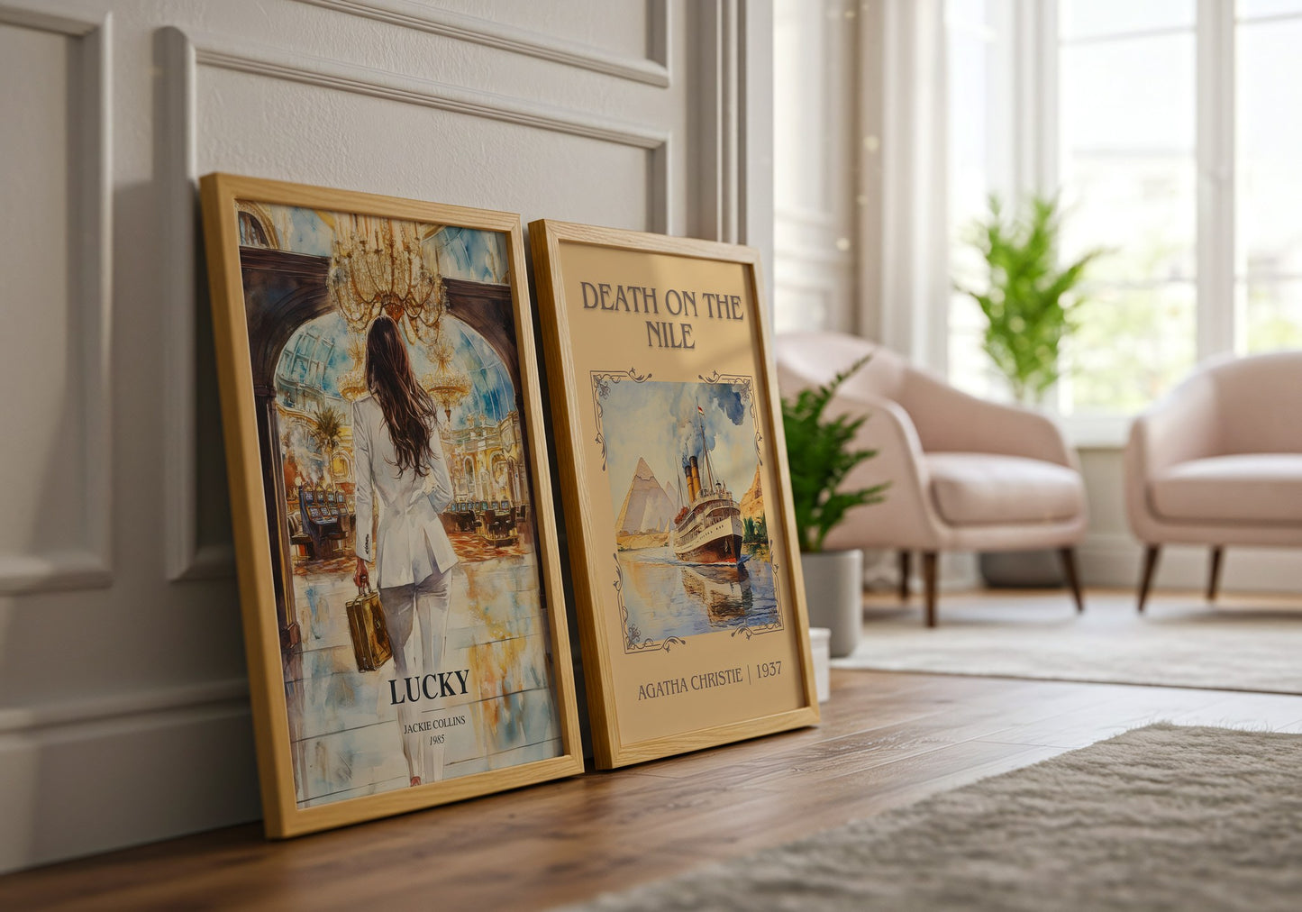 Lucky watercolour print framed by window – literary home decor