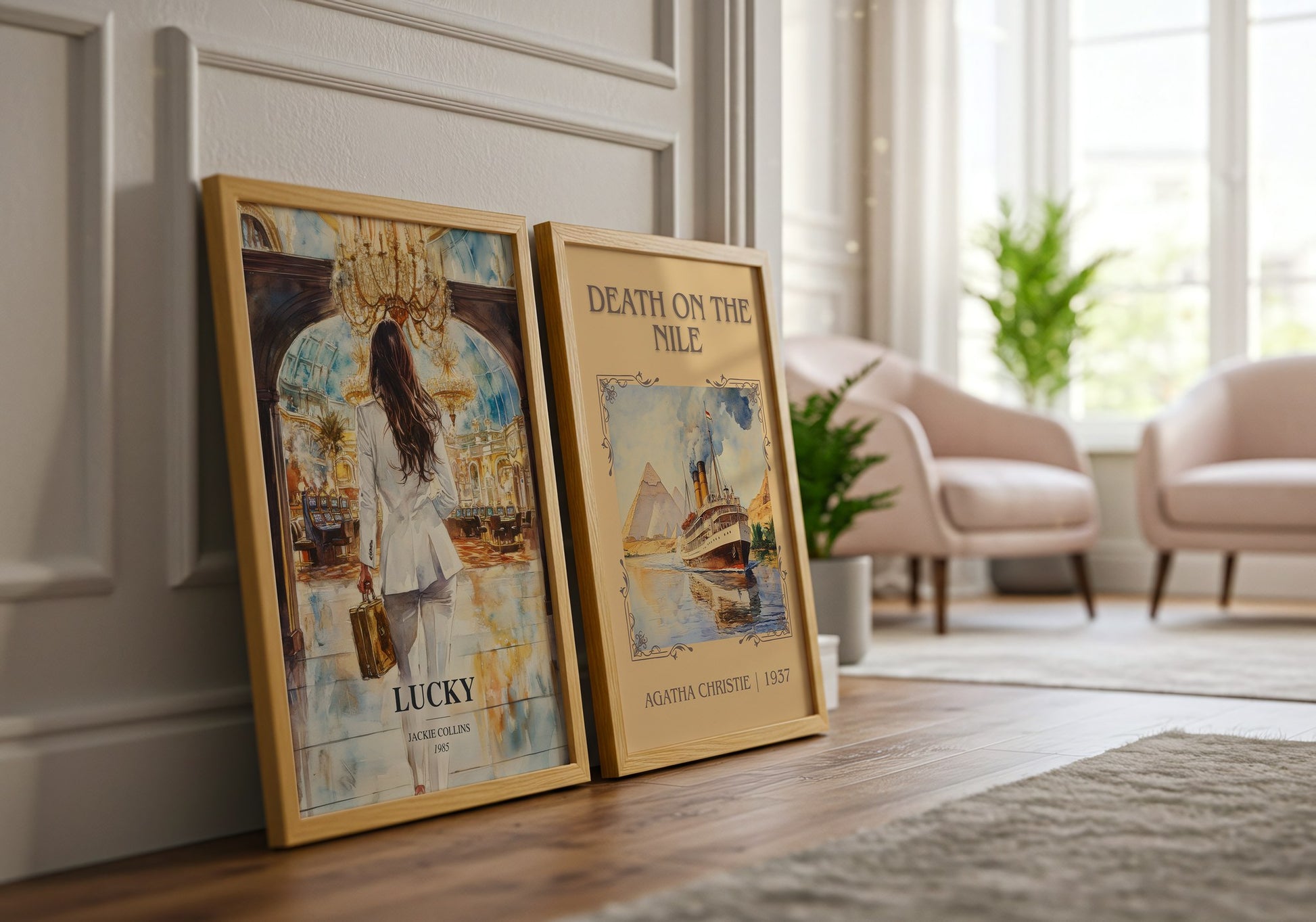 Lucky watercolour print framed by window – literary home decor