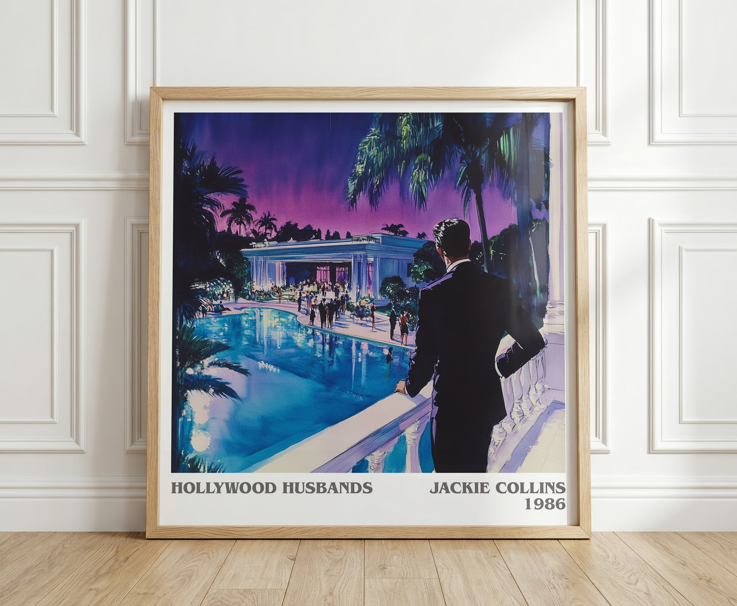 Hollywood Husbands literary print in frame leaning in hallway – romance wall art