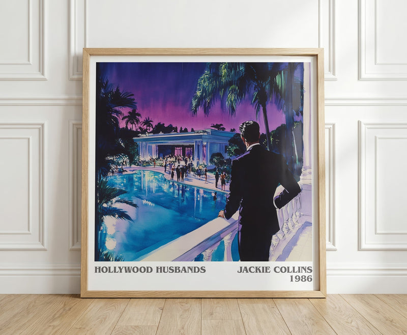 Hollywood Husbands literary print in frame leaning in hallway – romance wall art