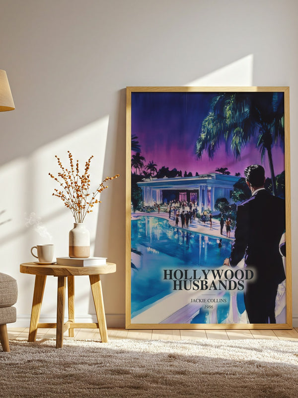 Hollywood Husbands watercolour print in frame leaning in hallway – romance wall art