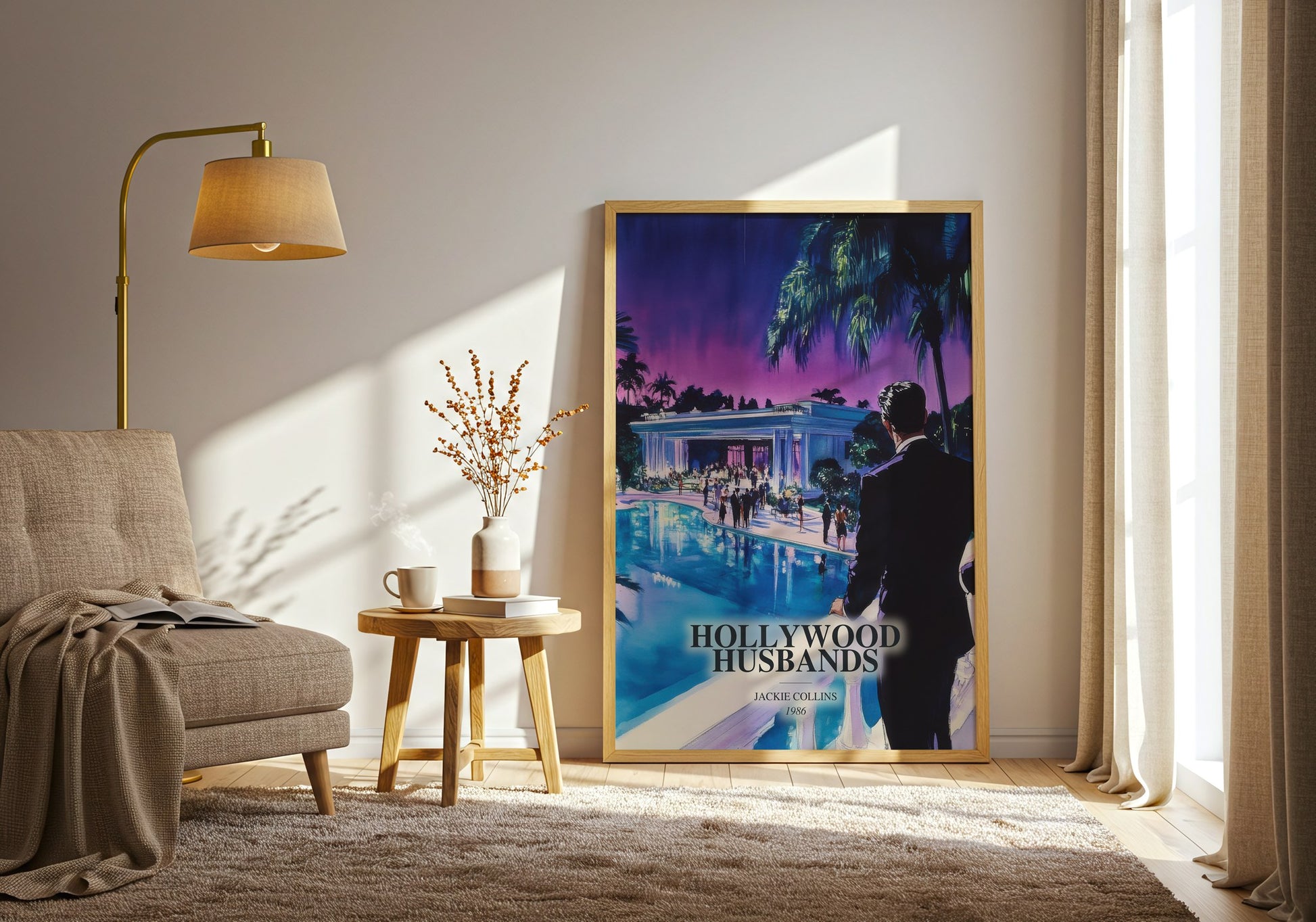 Hollywood Husbands watercolour print in frame leaning in hallway – romance wall art