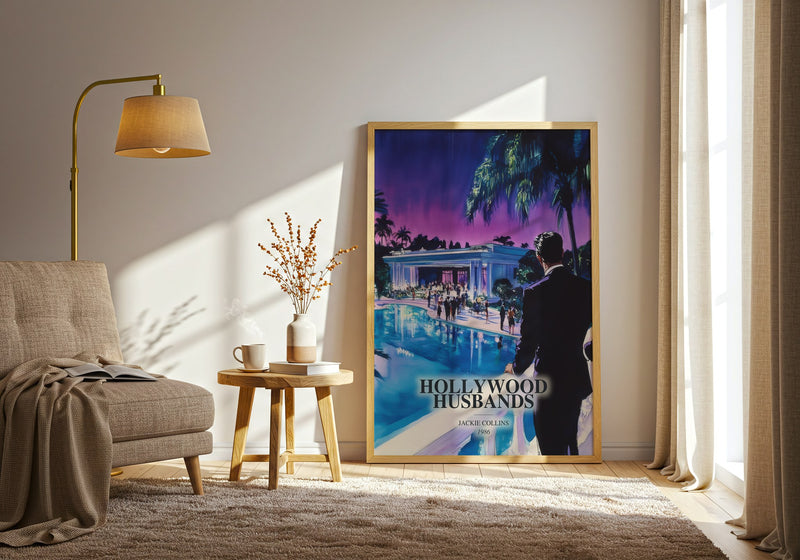 Hollywood Husbands watercolour print in frame leaning in hallway – romance wall art