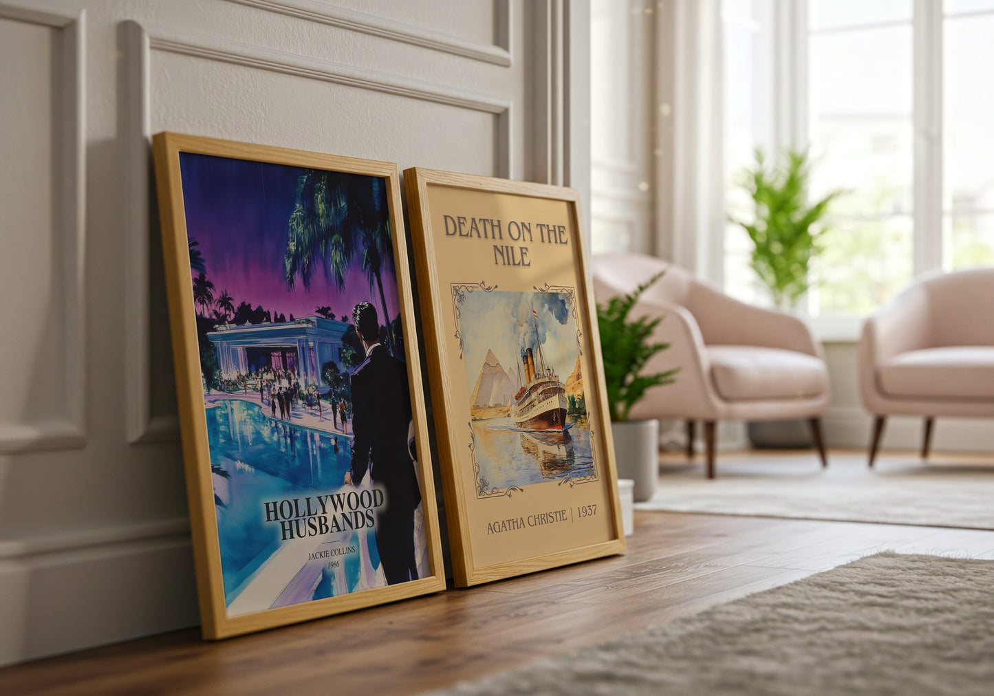 Hollywood Husbands watercolour print framed by window – literary home decor