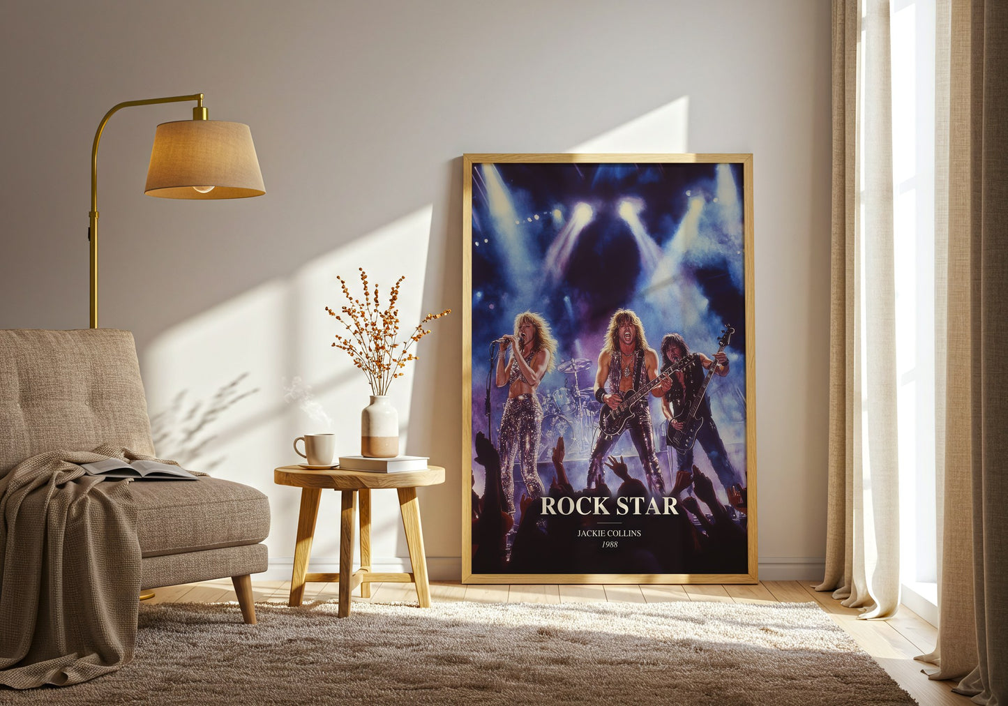 Rock Star watercolour print in frame leaning in hallway – contemporary fiction wall art