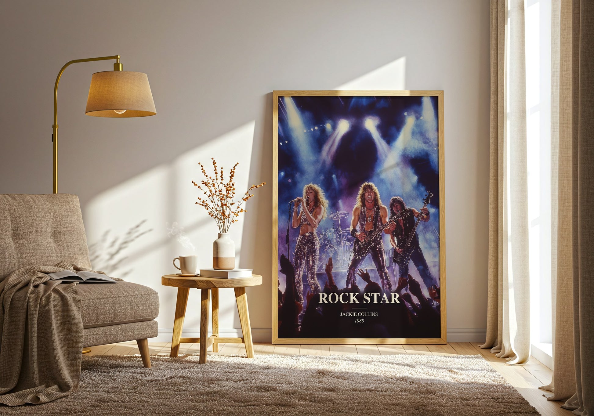 Rock Star watercolour print in frame leaning in hallway – contemporary fiction wall art
