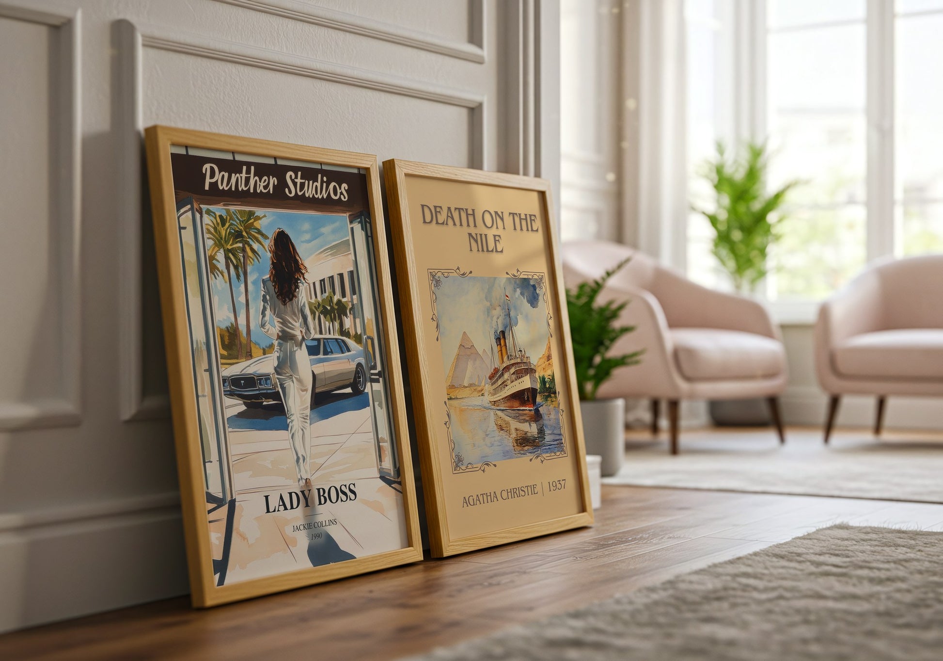 Lady Boss watercolour print framed by window – literary home decor