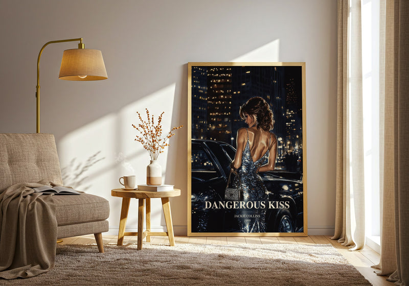Dangerous Kiss watercolour print in frame leaning in hallway – romance wall art