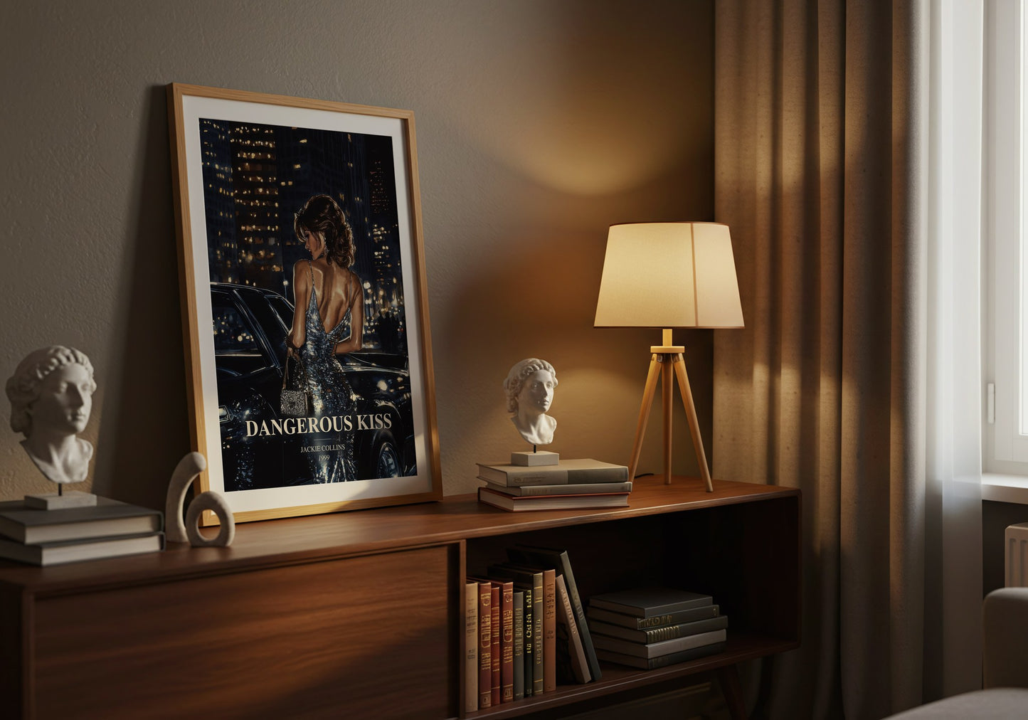 Dangerous Kiss watercolour print on bookshelf – Jackie Collins fan gift