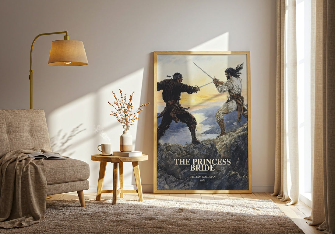 The Princess Bride watercolour print in frame leaning in hallway – fantasy wall art (mockup)