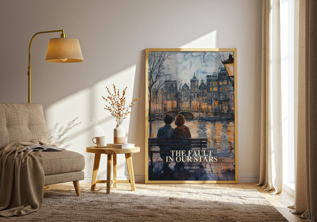 The Fault In Our Stars watercolour print in frame leaning in hallway – young adult wall art (mockup)