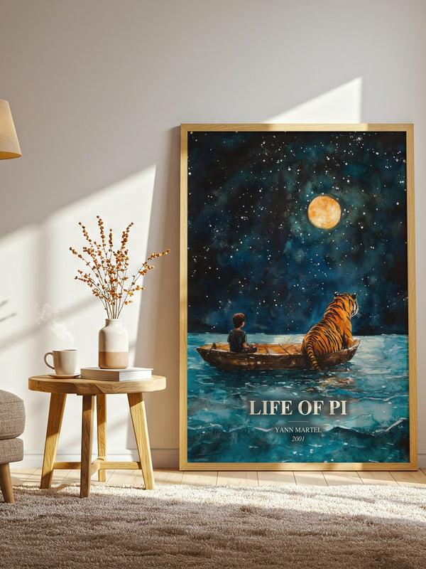 Life Of Pi watercolour print in frame leaning in hallway – adventure wall art