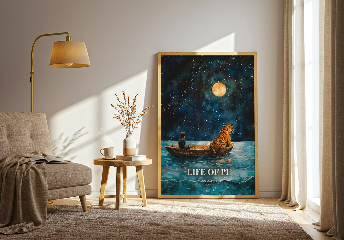 Life Of Pi watercolour print in frame leaning in hallway – adventure wall art (mockup)