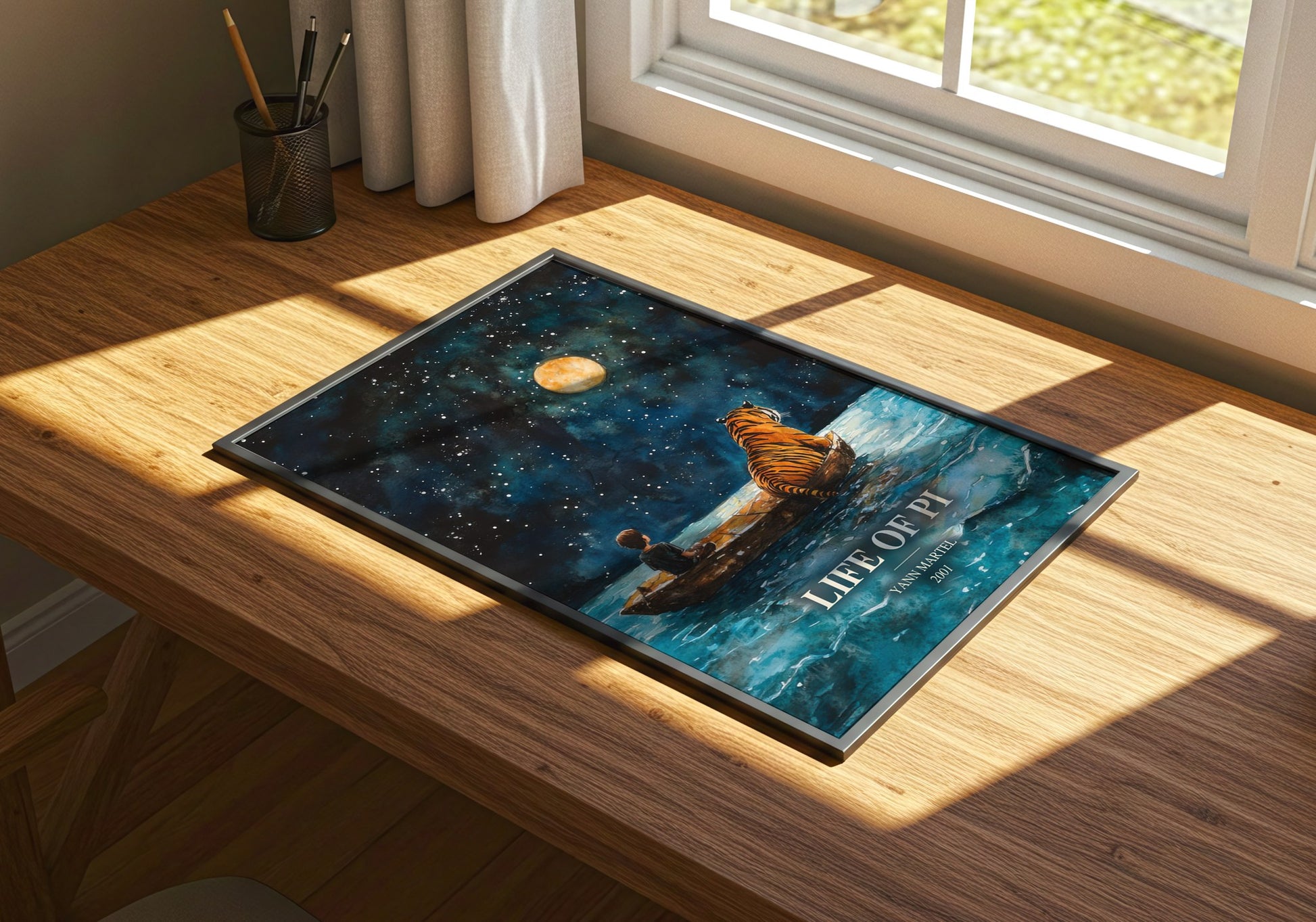 Life Of Pi watercolour book poster framed on wall – adventure wall art