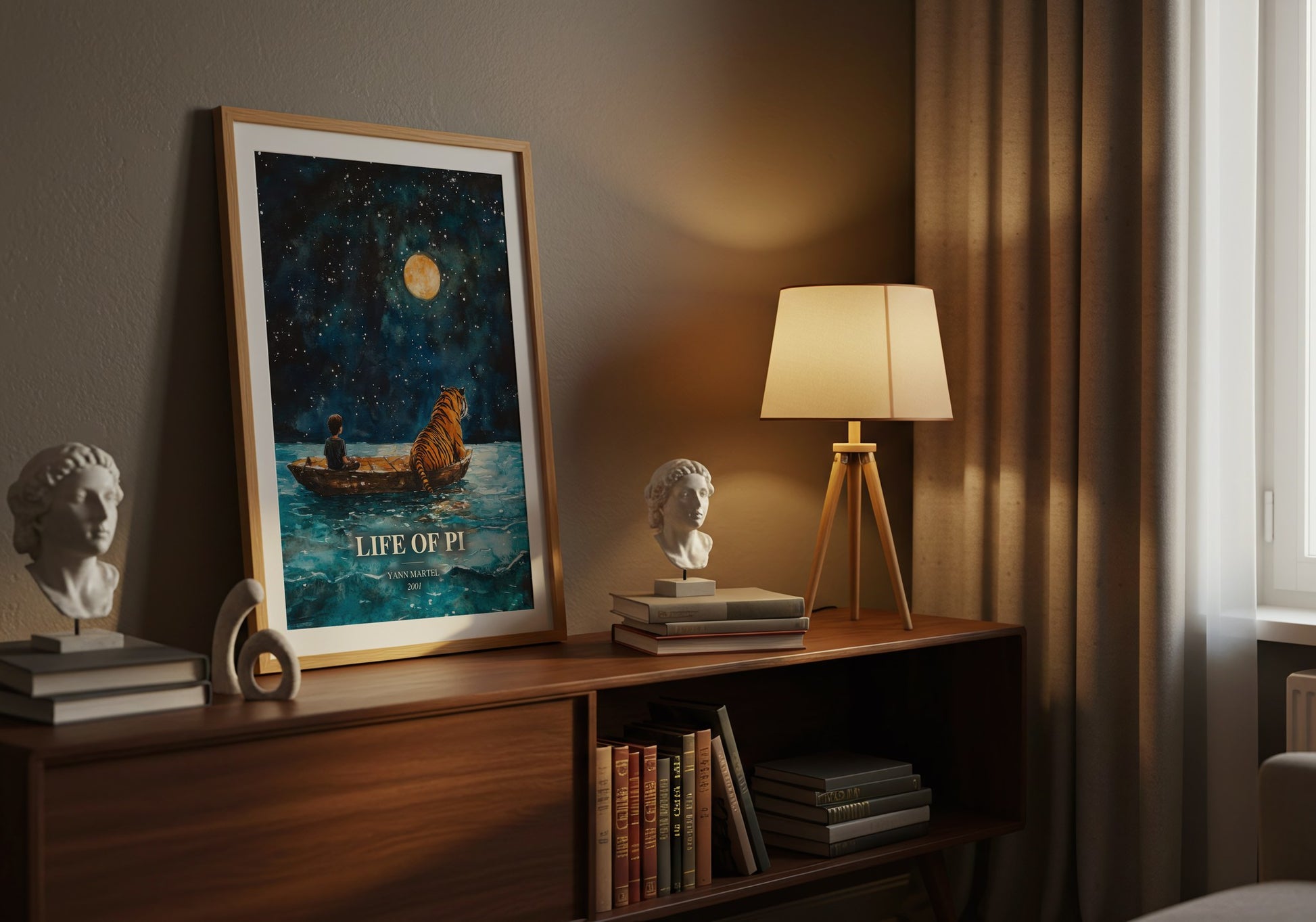 Life Of Pi watercolour print on bookshelf – Yann Martel fan gift