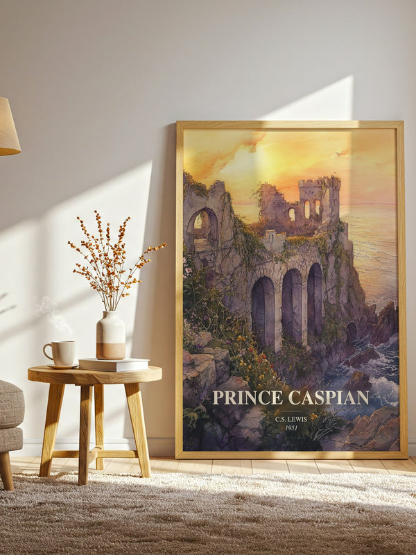 Prince Caspian watercolour print in frame leaning in hallway – fantasy wall art