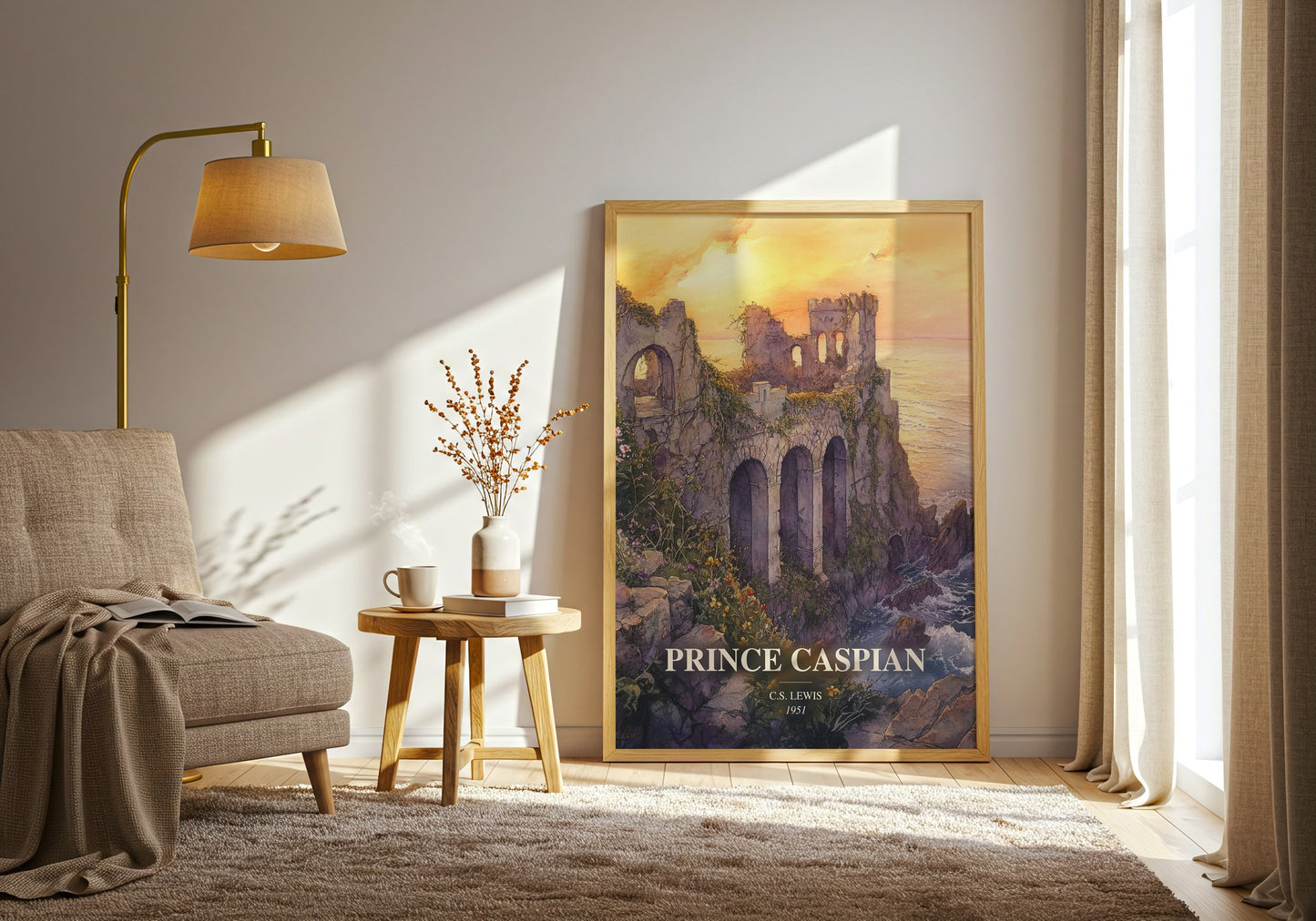 Prince Caspian watercolour print in frame leaning in hallway – fantasy wall art