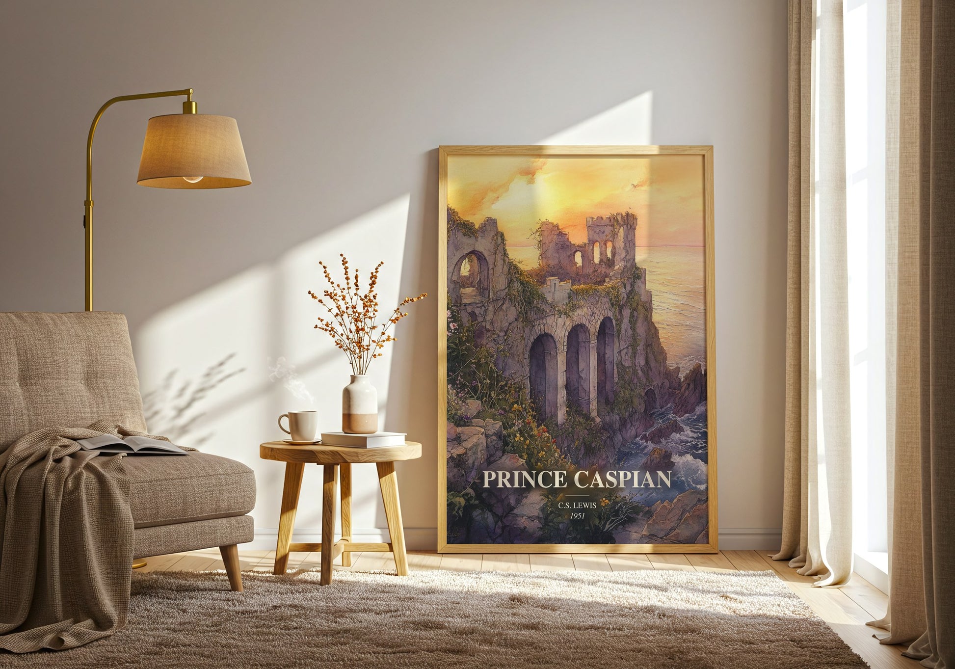 Prince Caspian watercolour print in frame leaning in hallway – fantasy wall art